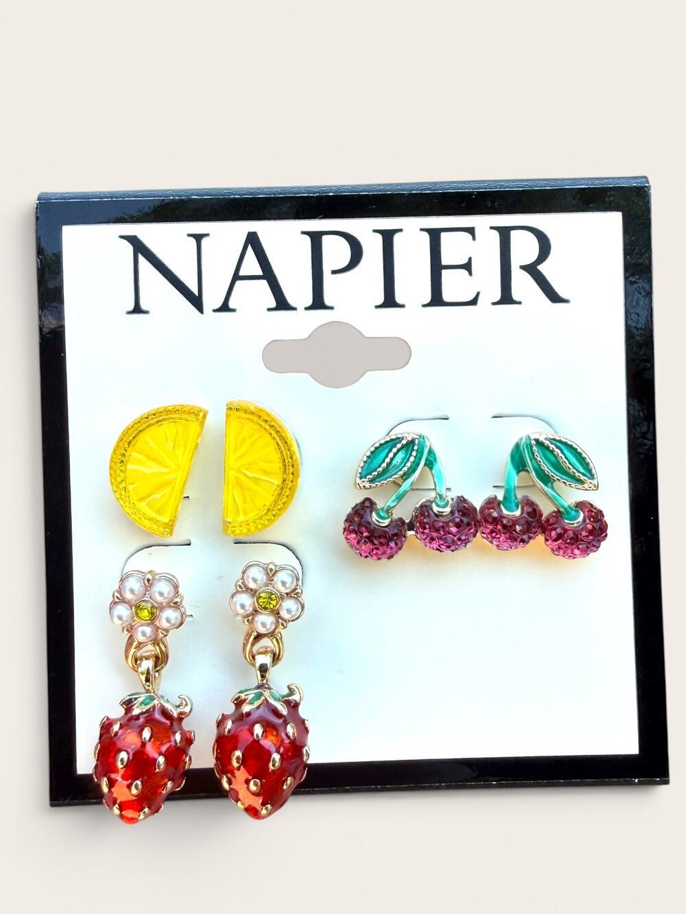 NAPIER Fruit Post Earrings Set NWT Lemon Cherry Strawberry Gold Tone 3 Pair
